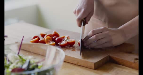 Femme coupant et ajoutant des tomates cerises dans la salade — Video