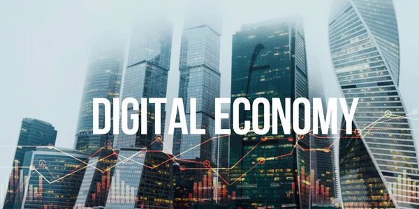 대도시, 금융 차트 , DIGITAL ECONOMY 의 창조적 인 콜라주 — 스톡 사진