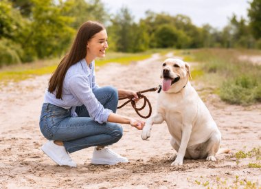 Gülümseyen kadın ve golden retriever açık havada oynuyorlar.