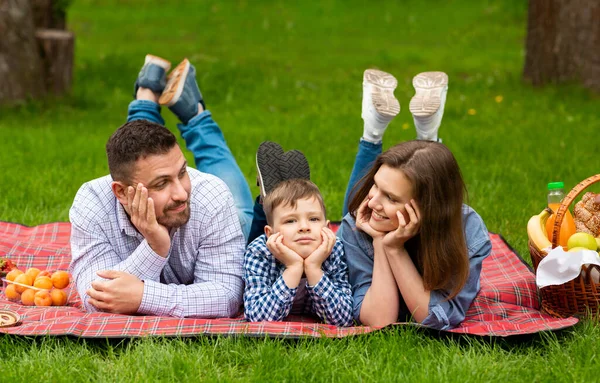 Padres milenarios con niños disfrutando de un picnic de verano juntos en el campo — Foto de Stock