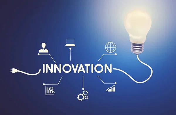 Inovações para o negócio. Lâmpada brilhante com inovação de palavra no fio — Fotografia de Stock