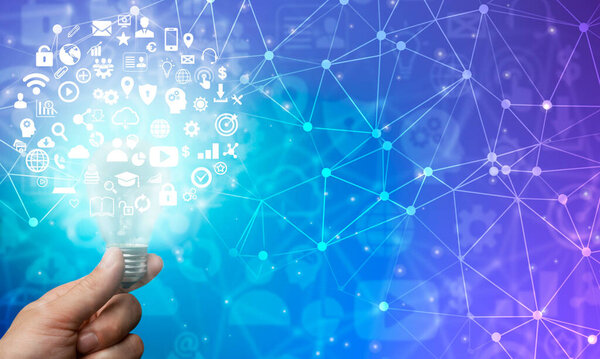 Digital Marketing Ideas. Hand Holding Glowing Light Bulb With Different Icons