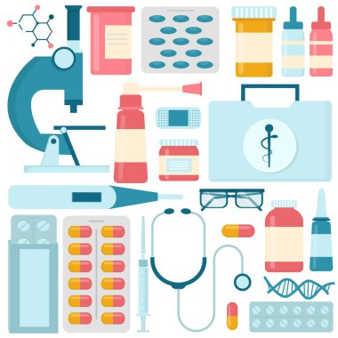 Beyaz arkaplan vektör illüstrasyonu üzerinde tıbbi simgeler