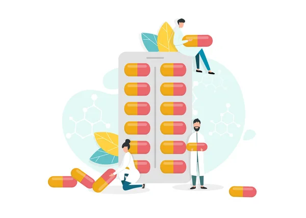 Gyógyszer és Gyógyszerészeti Kutatások. Vektor illusztrációja apró orvosok gazdaság kapszula tabletták — Stock Vector