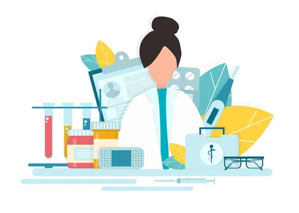 Концепция аптеки. Creative Vector Illustration of Female Pharmacist at pharmore Counter — стоковый вектор