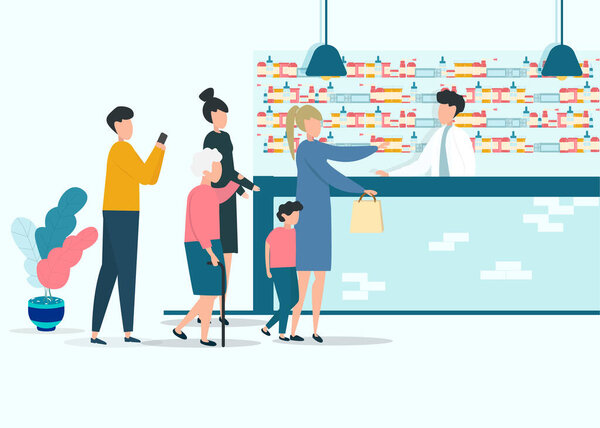 Pharmacy Concept. Vector Illustration Of Male Pharmacist Doctor And Customers In Drugstore