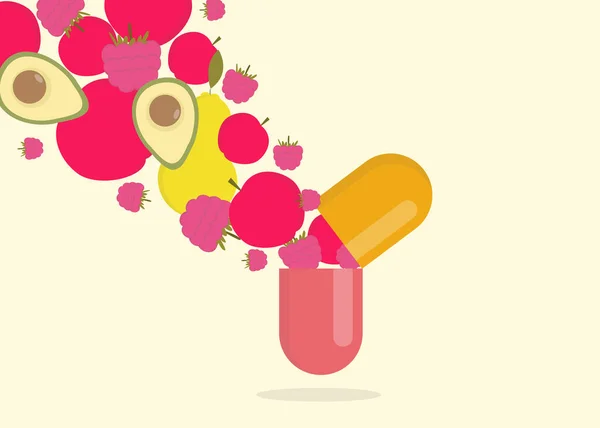 Витамины и добавки. Свежие фрукты выходят из открытой капсулы, векторная иллюстрация — стоковый вектор