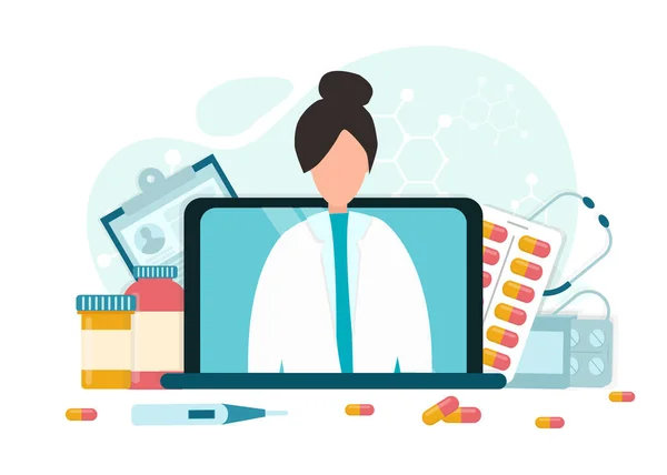 Οικογενειακή γυναίκα γιατρός στην οθόνη laptop και ιατρικά εργαλεία — Διανυσματικό Αρχείο