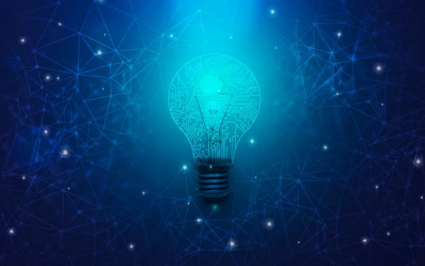 Abstract light bulb with circuit board lines inside over blue polygonal background