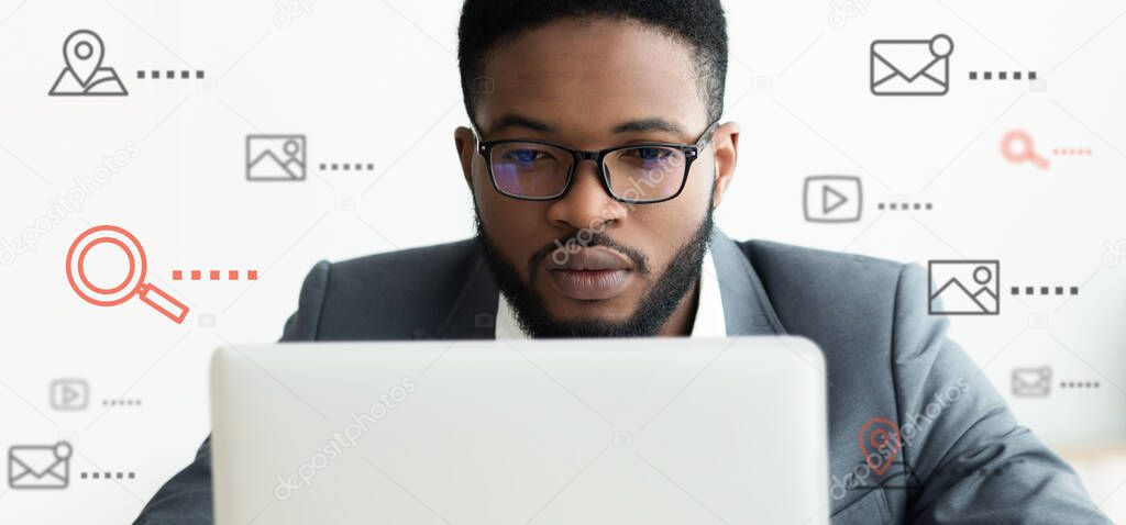 Black Businessman Browsing Internet Using Laptop, White Background, Collage
