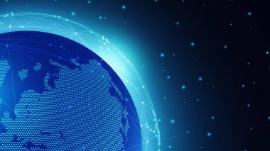 Blockchain Teknolojileri. Dünya küresi ve yukarıda çokgen düğümlere sahip geleceksel arkaplan
