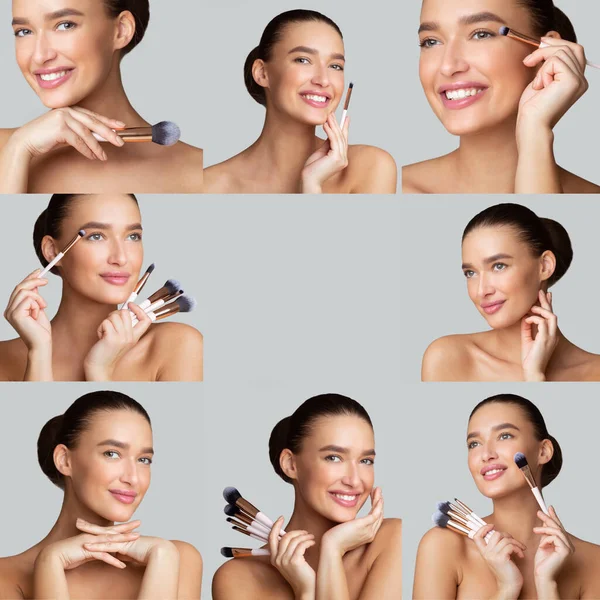 Collage of caucasian young woman holding her brushes — Stock Photo, Image