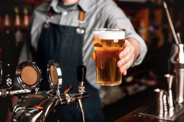 Bartender serves light beer to client at bar interior of pub clipart
