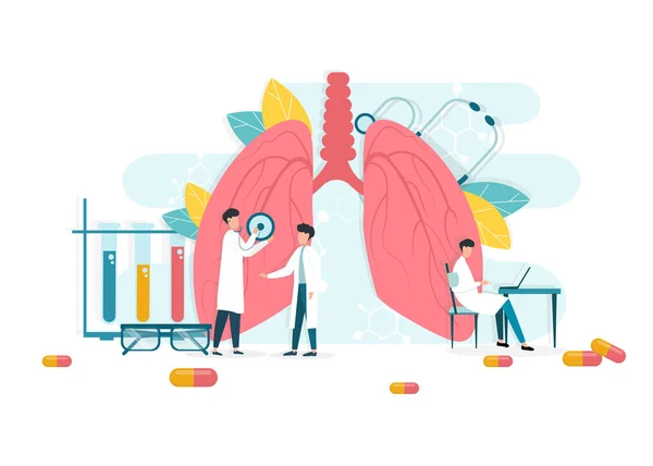 Concepto de neumología. Ilustración vectorial creativa del equipo de médicos inspeccionando pulmones — Archivo Imágenes Vectoriales