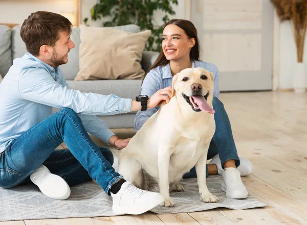 Ungt lyckligt par med hund sittande på golvet — Stockfoto