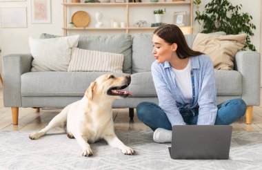 Evde dizüstü bilgisayarı ve köpeği olan genç bir kadın.