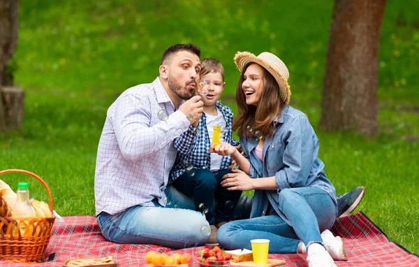 Familia despreocupada con adorable niño jugando juego en el picnic, soplando burbujas de jabón en el bosque — Foto de Stock