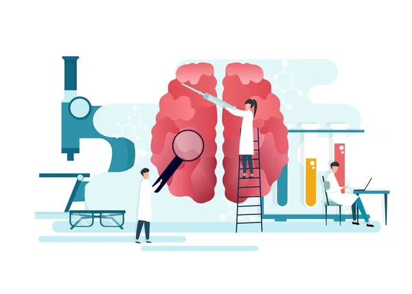 Neurologia ilustração vetorial. Plano minúsculo nervo estudo médico pessoas conceito. Conhecimento anatômico ciência do cérebro e detecta doenças. Examine a saúde interna e diagnóstico controlado pílulas tratamento —  Vetores de Stock