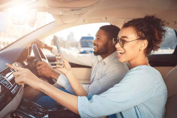 Spouses In Car Traveling On Vacation, Taking Picture During Ride — Stock Photo, Image