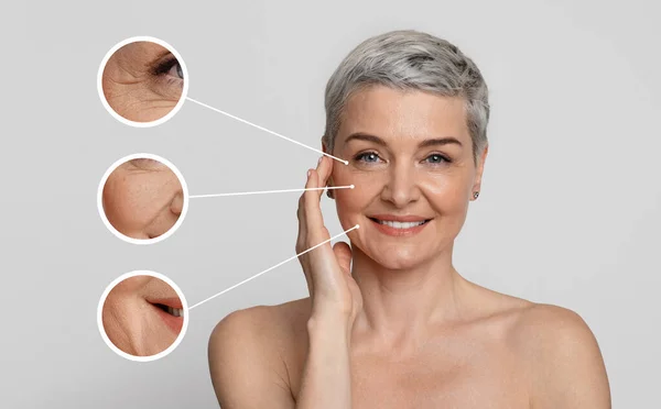 Aged Skin Care. Collage of beautiful mature woman with zoomed wrinkles zones — Stock Photo, Image