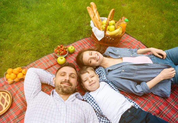 Familia cariñosa con adorable niño relajándose bajo el sol durante el picnic en el campo, vista desde arriba — Foto de Stock