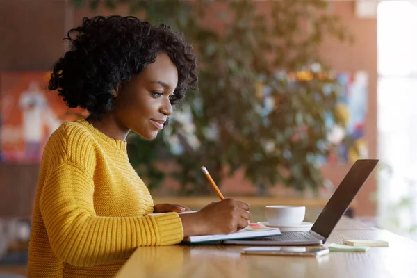 Joven dama negra buscando trabajo en línea en la cafetería —  Fotos de Stock