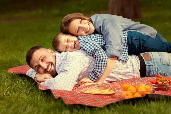 Familia milenaria con hijo feliz abrazándose en la manta de picnic en el campo — Foto de Stock