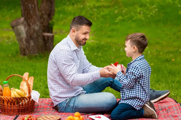 Cuidar pequeno filho dando seu pai pais presente do dia no piquenique no parque — Fotografia de Stock