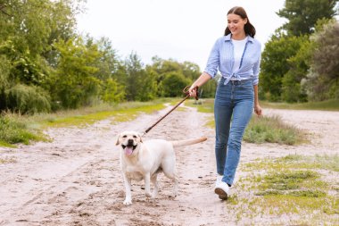 Heyecanlı kız ve onun Golden retriever 'ı kırsalda yürüyor.