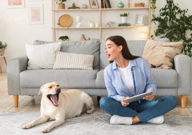 Evde dijital tablet ve labrador kullanan genç bir kadın var.