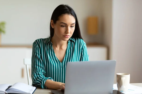 Office Manager flicka som arbetar på laptop sitter på arbetsplatsen inomhus — Stockfoto