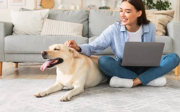 Νεαρή γυναίκα στο σπίτι με φορητό υπολογιστή και χαρούμενο σκυλί — Φωτογραφία Αρχείου