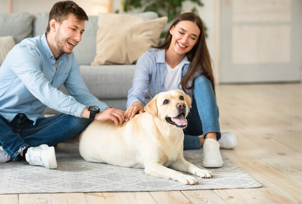 Young happy couple with dog sitting on floor