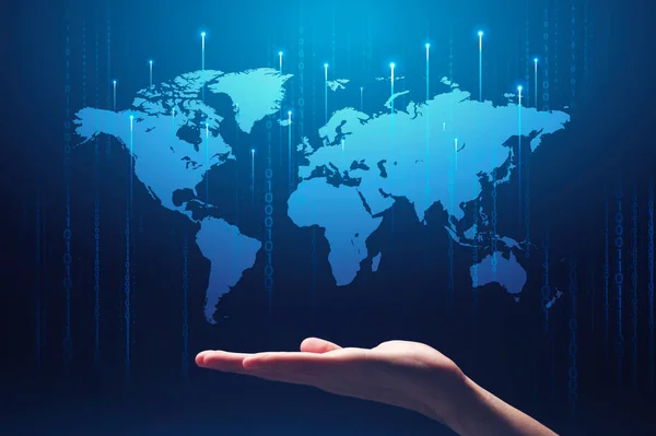 Mondiale technologieën. Collage met mannelijke hand, wereldkaart en computer binaire code op blauwe achtergrond — Stockfoto