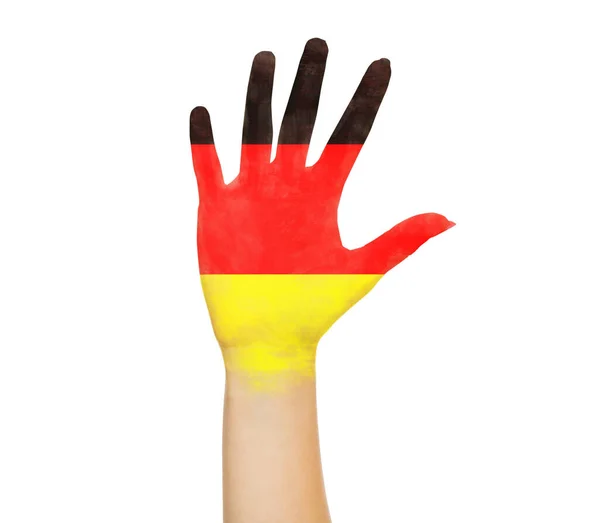 Bandera alemana pintada sobre palma femenina abierta aislada sobre fondo blanco — Foto de Stock