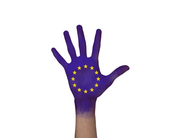 Концепція ЄС. Прапор Європейського Союзу намальований на відкритій пальмі над білим фоном — стокове фото