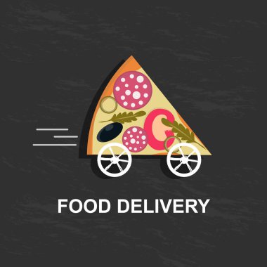Tekerlekli pizza dilimi, yemek teslimatı konsepti.