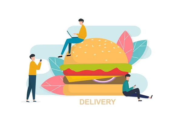 Big burger e persone con gadget in giro, immagine creativa — Vettoriale Stock