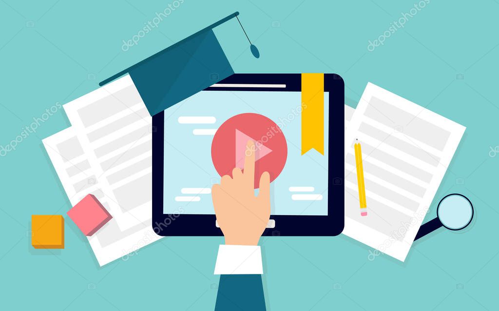 Student hand clicking on digital tablet screen, studying online