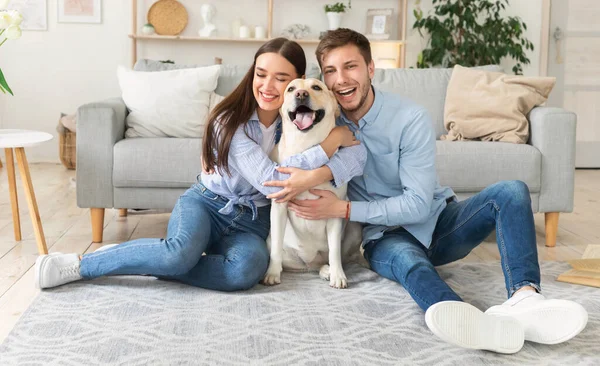 Fiatal boldog barátok kutyával ül a nappaliban — Stock Fotó