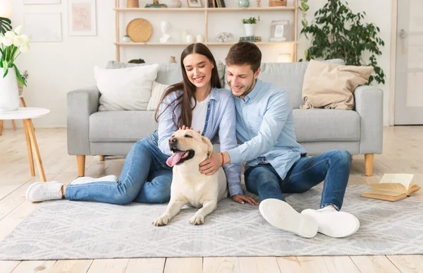 Fiatal boldog pár kutyával ül a nappaliban — Stock Fotó