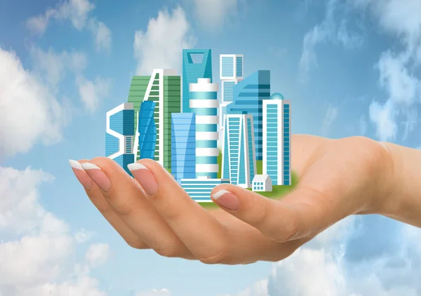 Női kéz gazdaság Futurisztikus Cityscape over Blue Sky háttér, Kollázs — Stock Fotó