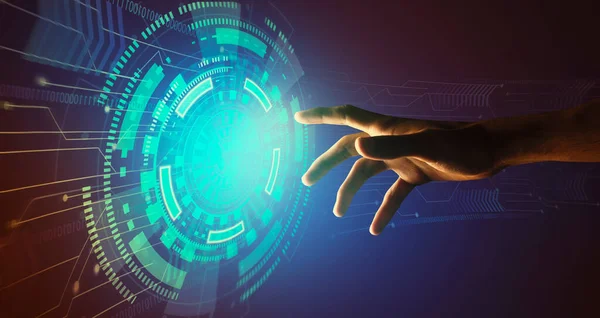 Tecnologías avanzadas. Collage de mano masculina tocando la pantalla virtual con interfaz de usuario de alta tecnología, fondo azul — Foto de Stock