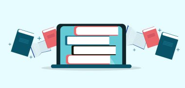 Çok katmanlı görüntü, dizüstü bilgisayara uçan kitaplar, panorama