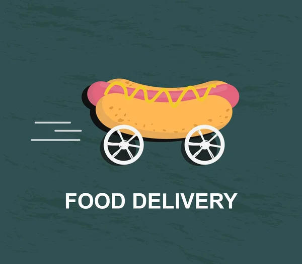 Hot dog on wheels, street food delivery service concept - Stok Vektor