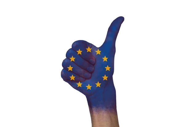 Європейська якість. Human Hand with Painted Europe Union Flag — стокове фото