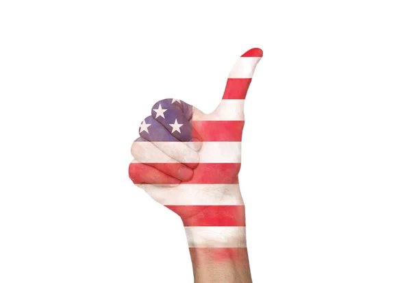 Bandera de EE.UU. impresa en mano masculina Gesto Pulgar hacia arriba —  Fotos de Stock