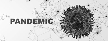 Mikroskop altında Coronovirus patojeni, PANDEMIC sözcüğüyle üç boyutlu siyah beyaz illüstrasyon