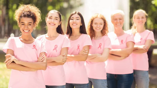 Glada damer i T-shirts med cancer band Posing utomhus, Panorama — Stockfoto