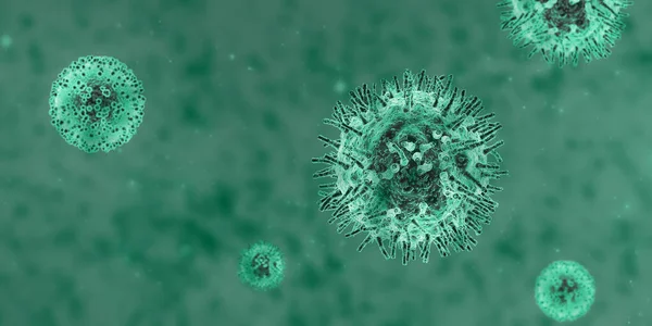 COVID-19 pandemic. Coronavirus cells under microscope on color background, 3D illustration with blank space. Panorama — Stock Photo, Image